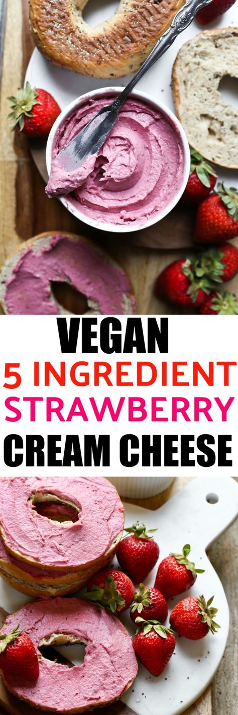 Vegan Strawberry Cream Cheese that is just 5 ingredients, takes 10 minutes to make and is incredibly rich in flavor! Made from freeze-dried strawberries, cashew butter, yogurt and lemon juice. You will love this thick, creamy and firm dairy-free cream cheese! via @thevegan8 Vegan Strawberry Cream Cheese, Dairy Free Foods, Vegan Sauces, Strawberry Cream Cheese, Strawberry Cream, Cashew Butter, Vegan Condiments, Vegan Cooking, Aioli