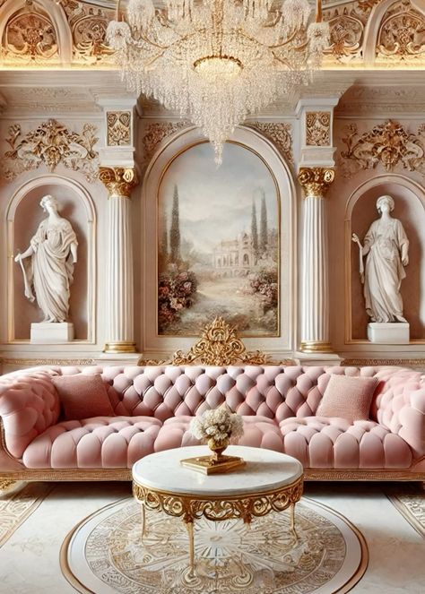 Blush pink classical glam living room with a tufted sofa, marble coffee table and more glam furniture and #decor. #interiordesignideas