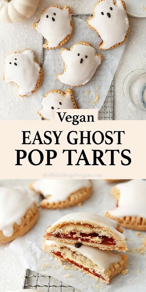 ghost pop tart pinterest pin Vegan Halloween Food, Vegan Halloween, Vegan Baking Recipes, Homemade Pastries, Vanilla Icing, Halloween Baking, Strawberry Filling, Halloween Desserts, Vegan Treats