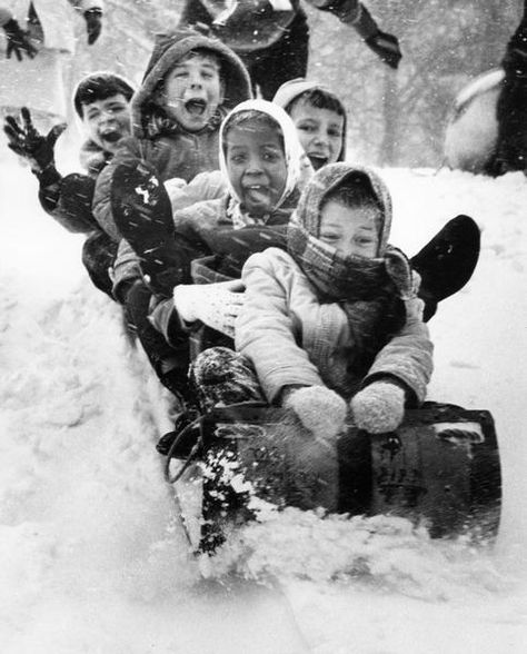 A winter scene with excited children on a toboggan. Photo from 1975. Image ID: 7849 Legacy Letters, Funny Family Photos, Vintage Ice Skating, Ski Vintage, Vintage Christmas Photos, Winter Trip, Antique Photography, Metal Drum, Winter Books