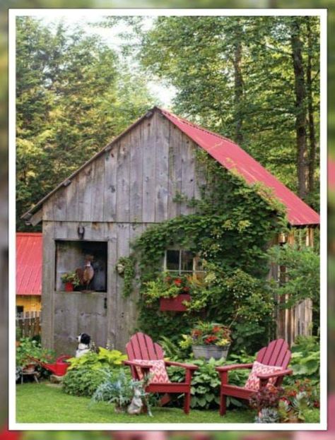 Red Chairs, Shed Decor, Potting Benches, Cottage Garden Design, Backyard Sheds, Potting Sheds, Farmhouse Garden, Shed Ideas, She Sheds