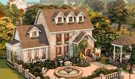 Sims 4 Stone Cottage, Fancy Sims 4 Houses, Sims House Plans Cottage, Sims 4 Cottage Mansion, Sims 4 Cottage House Ideas, Sims 4 Houses Henford On Bagley, Cottage Core Sims House, Sims 4 Large Cottage, Sims 4 Brick House