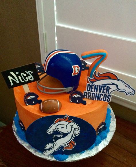 Denver Broncos themed Happy Birthday Cake Miami Dolphins Cake, Football Helmet Cake, Edible Photo Cake, Dolphin Cakes, Sports Themed Cakes, Fondant Cake Designs, Sport Cakes, Dolphins Football, Football Cake