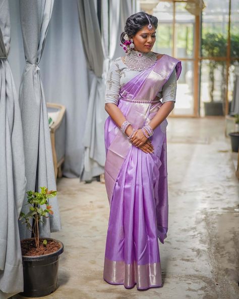 Saree @shivaja_silk_collection #purple #purplesaree #saree #sareedraping #bridalsaree #weddingphotography #shivajasilkcollection #germanyb #germantamil Lavender Saree Contrast Blouse, Tamil Engagement, Saree Contrast Blouse, Lavender Saree, Reception Makeup, Combination Dresses, Pattu Saree Blouse Designs, Lavender Silk, Tamil Wedding