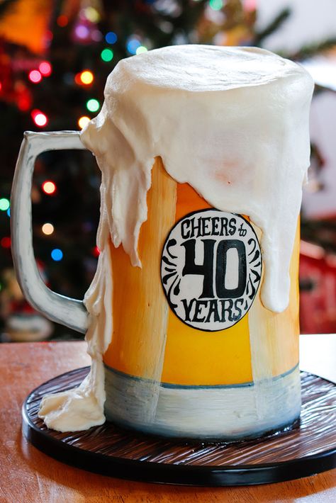 Cheers to 40 Years!  This may look like a foaming, frosty mug of beer, but it's actually a 2-tier vanilla cake!  It stood about 12" tall and served about 20 people. Beer Mug Cake, Cheers To 40 Years, Birthday Cake Designs, Cake Design For Men, Mug Of Beer, Realistic Cakes, Beer Cake, Elegant Birthday Cakes, Funny Birthday Cakes