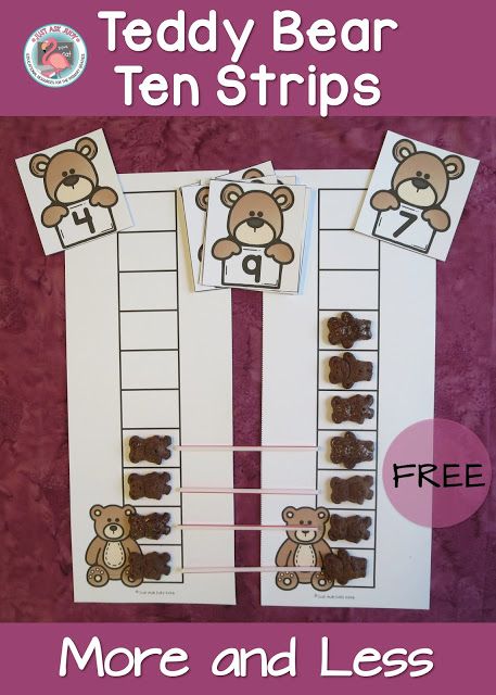 This is a free activity for teaching the concepts of more and less by comparing concrete quantities. The Teddy Bear Ten Strip activity focuses on using one to one matching to figure out which of two quantities is more or less. This is a partner activity that can be enjoyed by an adult and child or two children. Compare Numbers, Numeracy Activities, Prek Math, Numbers Kindergarten, Concrete Materials, Kindergarten Fun, Kindergarten Math Activities, Math Numbers, Math Stations