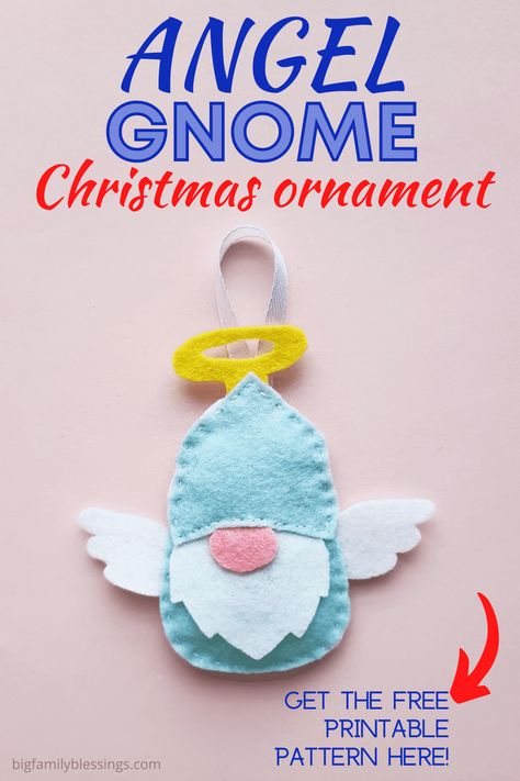 Angel Gnome DIY Christmas Ornament. Make this cute felt Angel Gnome for your Christmas tree this year! Find the easy DIY angel gnome ornament instructions and free pattern below. Felt Angel Ornaments Free Pattern, Felt Gnome Ornament Free Pattern, Angel Gnomes, Felt Angel Ornaments, Gnome Angel, Making Gnomes, Gnome Ideas, Gnome Crafts, Gnome Diy