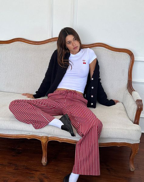 UP TO 50% OFF BOTTOMS – motelrocks-com-us Outfits To Wear With Trousers, Girly Trousers Outfit, Fun Trousers Outfit, Striped Pj Pants Outfit, Red Striped Pants Outfit, Stripy Trousers Outfit, Red Pj Pants Outfit, Burgundy Red Outfit, Patterned Trousers Outfit