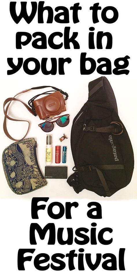 What to pack in your bag for a concert or music festival - sunnies, sunscreen, extra battery, hair clip, chapstick, camera Concert Bag Essentials, Festival Bag Essentials, Patagonia Sling Bag, Concert Essentials, Concert Purse, Festival Bags, Outfits For Black Women, Concert Bag, Festival Backpack