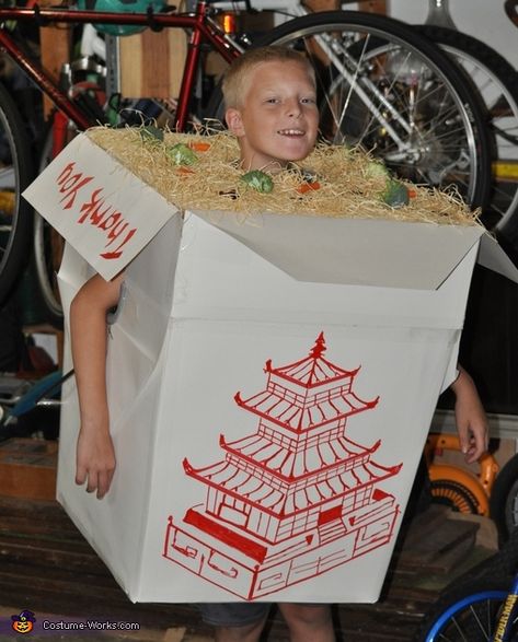 Dale: My son Caleb, age 11, enjoys Chinese food so much, we decided to put together a costume of that theme. We started with a dish pack moving box, Styrofoam, packaging... Chinese Food Costume, Dress Up For Boys, Styrofoam Packaging, Abi Motto, Halloween Costumes 2016, Box Costumes, Food Costumes, Devil Halloween