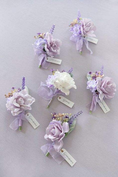 Lilac Wedding Themes, Powder Blue Wedding, Lavender Wedding Theme, Wedding Boutonnieres, Purple Stuff, Groomsmen Boutonniere, Handmade Bouquets, Lilac Wedding, Purple Wedding Flowers