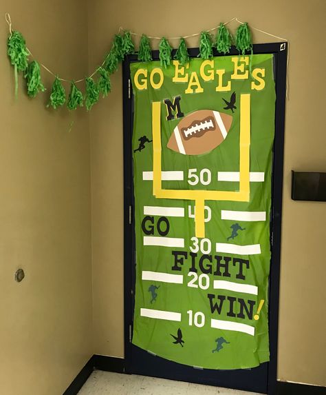 Classroom door decorating Hoco Football Door Ideas, School Spirit Classroom Doors, Football Door Decorations, Homecoming Door Decorations High School Football, Football Themed Door Decorations, Homecoming Classroom Door, Homecoming Door Decorations High School, Football Door Decorations Classroom, Homecoming Door Decorations