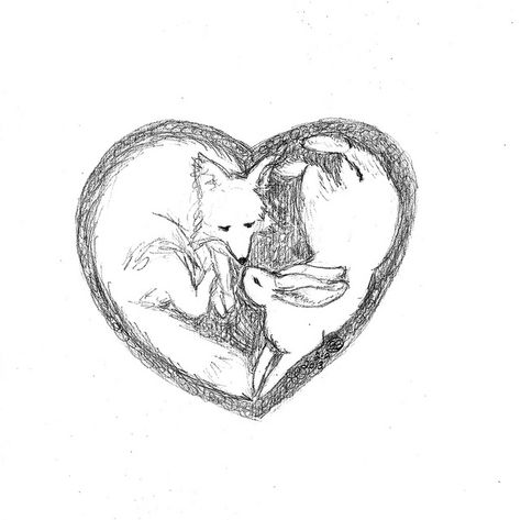 Fox And Bunny Drawing, Wolf And Bunny Art, Wolf And Rabbit Tattoo, Dog And Rabbit Drawing, Bunny And Wolf, Wolf And Bunny Couple, Cat And Rabbit Drawing, Wolf And Bunny, Rabbit Fox Tattoo