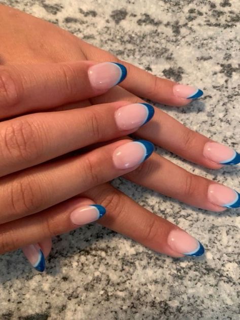 There's a new beauty trend taking over Instagram and it's absolutely stunning. Say hello to "quartz nails". Cute Gel Tip Nails, Short Acrylic Nails Colored French Tip, Three Color French Tip Nails, Nail Ideas French Tip With Design, Blue Easy Nail Designs, Almond French Tip Different Colors, School Nails Ideas For Teens, Dual Tone French Tip Nails, Almond Shape Blue French Tip