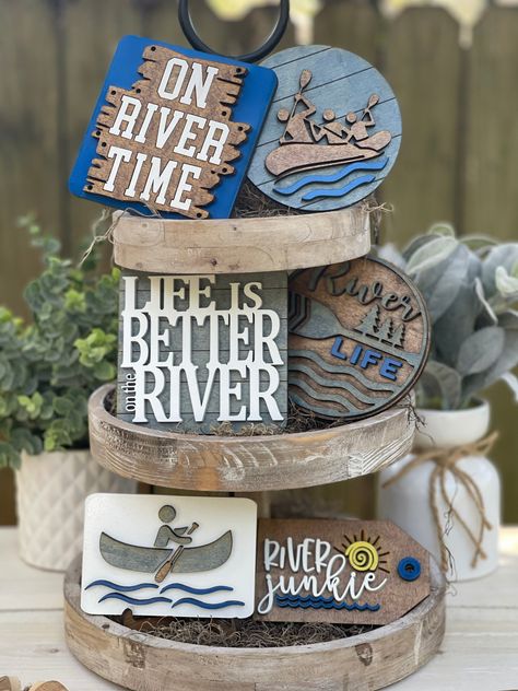 River Time TT set  7 pieces includes picture easel. Additional picture easels available for purchase. Colors can be customized! Just let us know in the personalization section what color and/or changes you would like when you order.  If personalization section is left blank, the pieces will be made as pictured. These cuties are the perfect compliment for your tiered trays, hutches or to incorporate into your Rae Dunn set ups. **All of these signs are designed to be used with a picture easel to s Rv Patio, River Time, Laser Focus, Set Life, Glow Forge, Commercial Signs, River Life, Lake Decor, Tray Diy