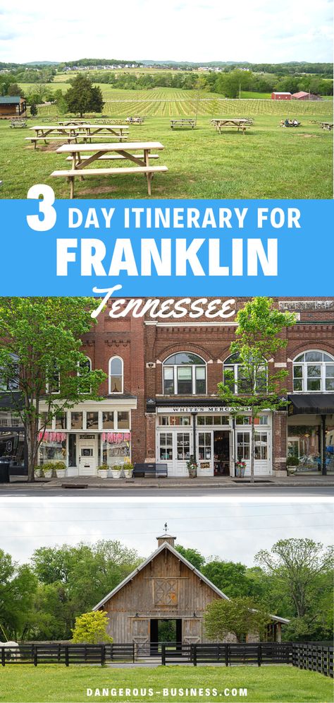 Franklin, Tennessee is the quintessential small town in the United States that is perfect for a long weekend getaway. This itinerary will show you exactly how to spend 3 days in Franklin, including where to eat, things to do, and where to stay. If you want to discover small town charm combined with relaxing natural beauty, Franklin is the perfect destination that has it all. One Day In Nashville Tennessee, 3 Days In Nashville Tennessee, Things To Do In Franklin Tennessee, Things To Do In Franklin Tn, Franklin Tennessee Christmas, Franklin Tennessee Things To Do, Things To Do In Tennessee, Southern Road Trips, Tennessee Outfits