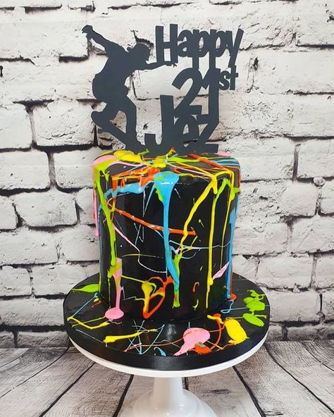 Paint Splatter Cake, Twilight Cake, Splatter Cake, Neon Paint Splatter, Neon Cakes, Fortnite Cake, Neon Paint, Drizzle Cake, Tamworth