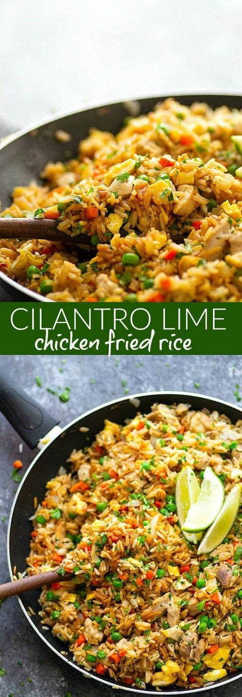 Cilantro lime marinated chicken is the secret behind what makes this cilantro lime chicken fried rice SO incredibly flavorful.--You'll love this fried rice more than your favorite Chinese place! Mexican Fried Rice, Cilantro Lime Marinade, Chinese Place, Lime Rice Recipes, Cilantro Chicken, 12 Tomatoes Recipes, Rice Recipes For Dinner, Tomatoes Recipe, Lime Rice