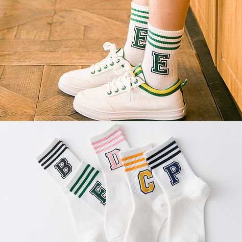 Sock Ideas, Sneaker Ideas, Iconic Socks, Sneakers Socks, Korean Socks, Socks Design, Varsity Letter, Sporty Shorts, Comfortable Socks