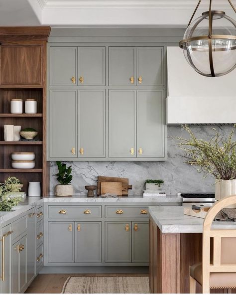 Paynes Gray | Who wouldn't want to cook in this dreamy Kitchen? We love the wood contrast + blue cabinet color. 🤍 Gorgeous design c/o:… | Instagram Blue Green Kitchen Cabinets Farmhouse, Greenish Blue Cabinets Kitchen, Blue Green Cabinet Paint Colors, Greenish Blue Kitchen Cabinets, Wythe Blue Cabinet, Gray Blue Kitchen Cabinets, Backsplash With Grey Cabinets, Blue Cabinet, Grey Blue Kitchen