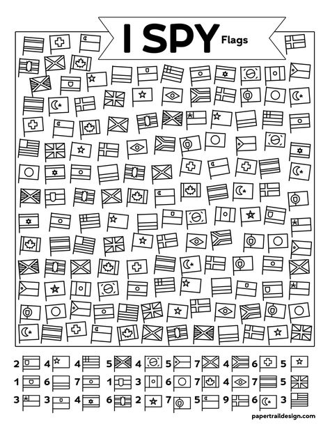 Great screen free learning activity for kids. Print this I spy flags activity and help kids learn about different flags throughout the world Coloring Flags Free Printable, I Spy Coloring Page Free Printable, I Spy Coloring Pages, Airport Activities For Kids, Flag Activities For Kids, I Spy Worksheets For Kids, I Spy Printables For Kids Free, Spy Activities, School Activities For Kids