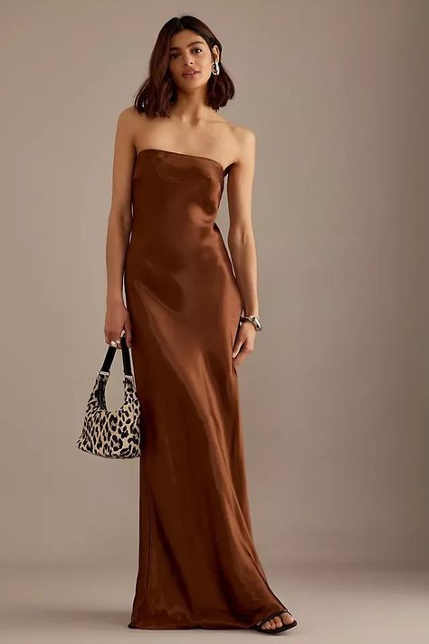 Nude Dresses For Wedding Guests, Earth Tone Bridesmaid Dresses, Pickle Bar, Chocolate Brown Bridesmaid Dress, Brown Long Dress, Brown Satin Dress, Viral Dress, Brown Floral Dress, Brown Silk Dress