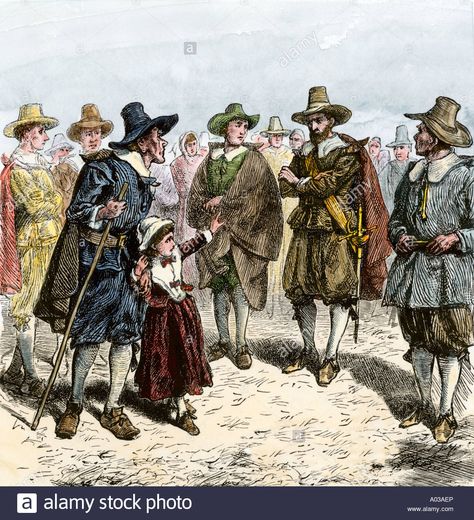 Captain John Alden Jr accused by a child during the Salem witchcraft hysteria 1690s. Hand-colored woodcut Stock Photo John Alden Salem, Salem Trip, John Alden, Witch History, Witch Trials, My Heritage, Stage Design, Hand Coloring, A Child