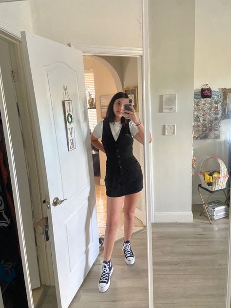 Black Corduroy Dress, Black Platform Converse, Platform Converse, Corduroy Dress, Black Platform, Dress White, White Undershirt, Converse, White Dress