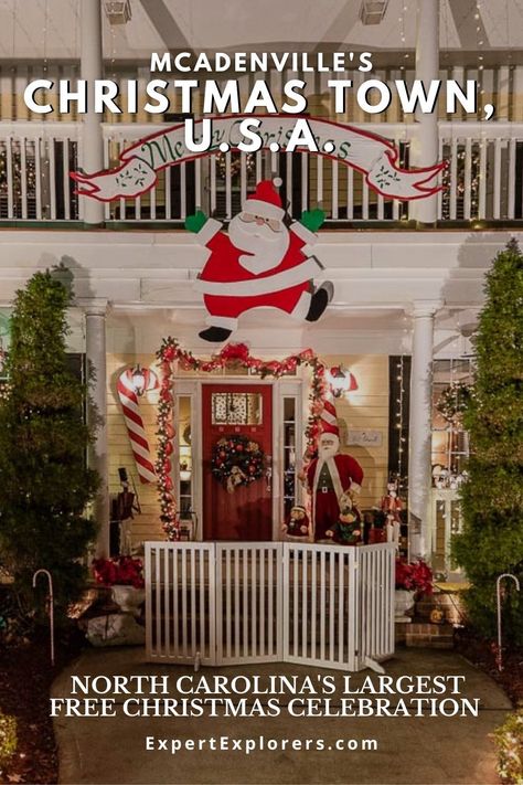 The town of McAdenville, North Carolina turns into Christmas Town USA every year. One of the most beloved and free Christmas Lights celebrations on the east coast, this guide helps you know what to do, what to expect, where to go, how to avoid the traffic. Everything you need to enjoy this Christmas celebration. Near Charlotte, NC | Via @ExpertExplorers | #McAdenville #North Carolina #Christmaslights #ChristmasTownUSA #ChristmasCelebration Christmas Town North Carolina, Christmas In Nc, Christmas North Carolina, Christmas In Charlotte Nc, Mcadenville Nc Christmas, Asheville Winter, Yule 2024, Christmas Trips, Christmas Vacation Destinations