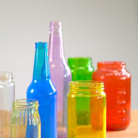 Upcycled Jars And Bottles, Coloring Bottles Diy, Painting Inside Glass Bottles, How To Paint The Inside Of A Bottle, Painting Glass Bottles Diy, How To Paint Bottles Diy, Coloring Glass Bottles Diy, Tinting Jars, Painting Glass Bottles