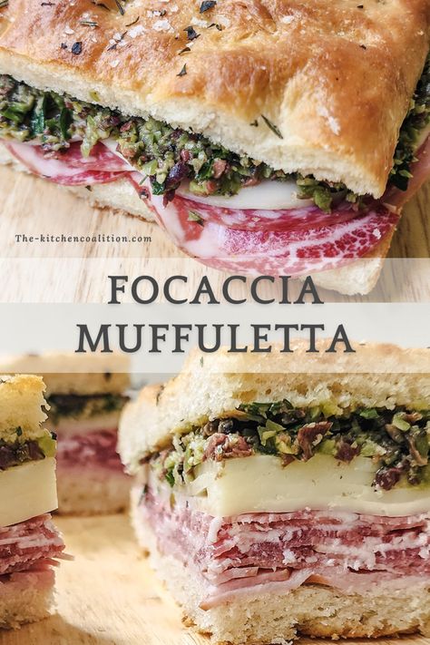 Sandwitch bread meats Mini Muffelata Sandwiches, Olive Loaf Sandwich, Focaccia Sandwich Bread, Muffuletta Bread Recipe, Olive Loaf Meat, Artisan Bread Sandwich Ideas, Focaccia Bread Sandwiches, Meals With Focaccia Bread, Faccocia Sandwich