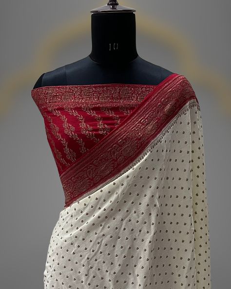 Bengali traditions, inspired Red and white pure Khaddi Crepe chiffon Handloom Banarasi Saree from TLB. #theluxebanaras #bengalisaree #handloom #banarasi #instasaree Banarasi Saree, Saree Look, Banarasi Sarees, Red And White, Chiffon, Saree, Red, White