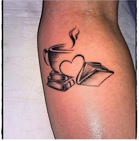 Glenn Rhee Tattoo Ideas, Love Reading Tattoos, Coffee And Book Tattoo Ideas, Cats Books And Coffee Tattoo, Outside Tattoo Ideas, Spicy Book Tattoo Ideas, Colorful Book Tattoos, Reading Tattoo Ideas, Booklover Tattoo