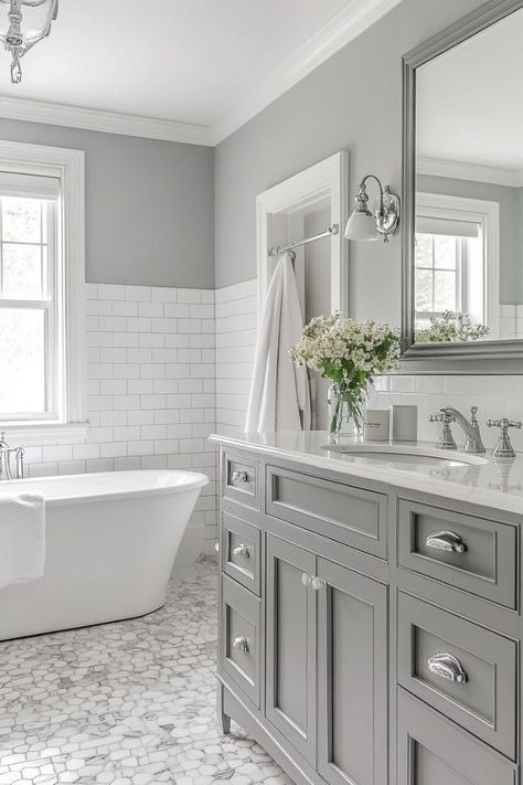 White And Silver Master Bath, Grey And Chrome Bathroom, Gray Walls Bathroom Ideas, Gray And White Bathrooms, White And Tan Bathroom, Gray And White Bathroom Ideas, Tan Bathroom Ideas, White And Gray Bathroom, Grey Bathroom Paint