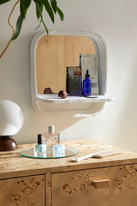 white decor Urban Outfitters Mirror, Urban Outfitters Bathroom, Mirror Shelf, Modern Wall Shelf, Wall Mirror With Shelf, Uo Home, Mirror With Shelf, Square Mirror, Decor Essentials