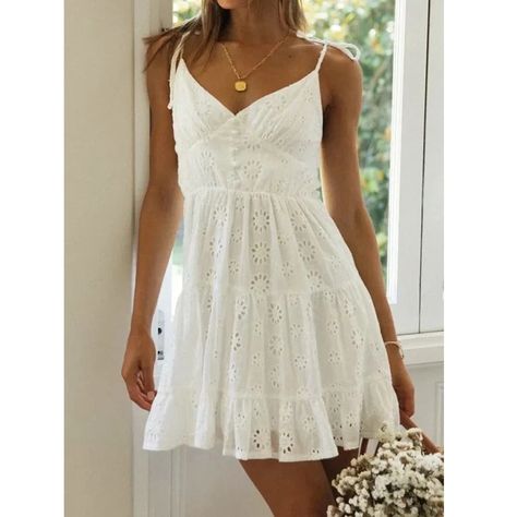 Foridol White Lace Sleeveless Summer Dress Women Hollow Out Embriodery Sundress Casual Button Beach Vintage Short Dress, Beachy Dresses, Summer Dress Women, Sundress Casual, Sleeveless Summer Dress, Country Dresses, Boho Mini Dress, Mini Cami Dress, Sleeveless Dress Summer