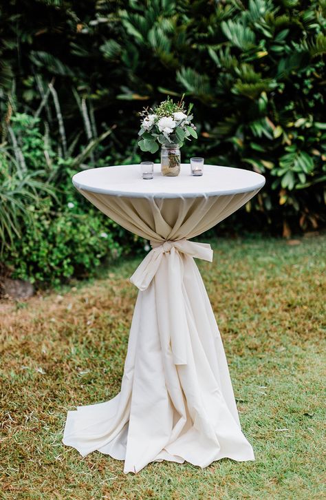 30"X42"h cocktail tables with ivory polyester linen and sash Cocktail Table With Sash, Cocktail High Table, Cocktail Hour Table Decor High Tops, High Top Table Decor, Melanin Party, Cocktail Style Wedding Reception, Wedding Cocktail Tables, Cocktail Table Decor, Drinks Station