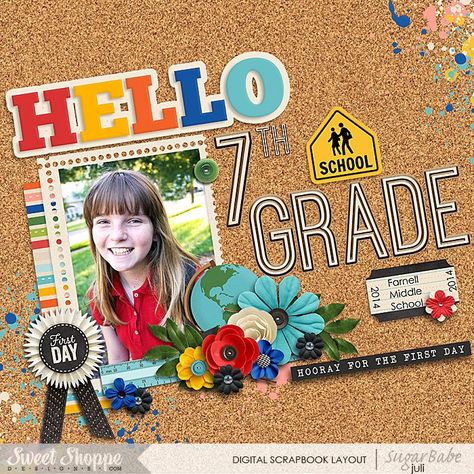 First Day Of School Scrapbook Layouts, Scrapbook Ideas School, School Scrapbook Ideas, School Layouts, Scrapbook School, School Scrapbook Layouts, Scrapbook Design Layout, Scrapbook Pictures, Baby Scrapbook Pages