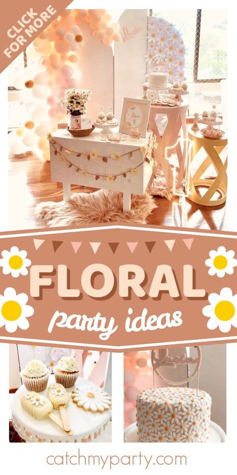 Floral Themed Birthday Party, First Birthday Flower Theme, Floral Theme Birthday Party, Floral 1st Birthday Party, Floral Party Ideas, Floral 1st Birthday, Wildflower Birthday, Autumn Birthday, Flower Birthday Party