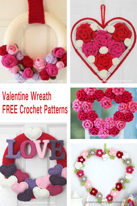 Crochet Valentine Wreath Pattern Free, Crochet Heart Wreath Pattern Free, Crochet Valentines Wreath, Crochet Heart Wreath, Valentines Day Crochet Patterns Free, Valentine Crochet Patterns Free, Crochet Valentines Day, Crochet Wreaths, Crochet Wreath Pattern