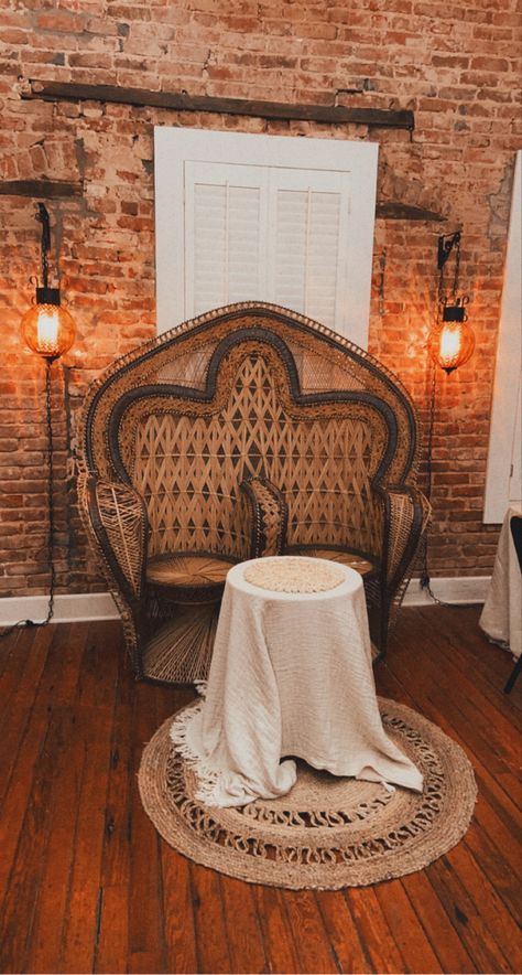 Boho wedding rustic brick foreplace candles pampas grass teracotta peacock chair hanging light bride groom table Peacock Chair Wedding, Peacock Chairs, Bride Groom Table, Rustic Brick, Peacock Chair, Desert Vibes, Wedding Rustic, Wedding Chairs, Hanging Light