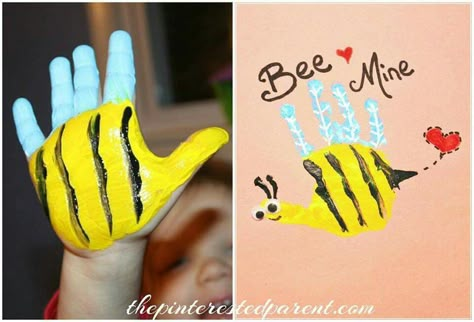 Bee Mine Valentine's day hand print Hand And Footprint Art, Vday Crafts, Bee Mine Valentine, Valentines Bricolage, February Crafts, Valentine's Day Crafts For Kids, Preschool Valentines, Valentine Crafts For Kids, Footprint Art