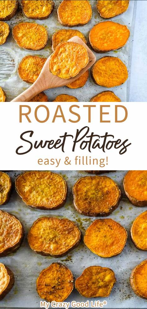 These easy oven roasted sweet potatoes are a healthy and filling side dish. Just wash, slice, and bake��–it's really that easy! These roast sweet potato slices also make great snacks. Sweet Potato Chips Oven, Baked Sweet Potato Oven, Roasted Sweet Potato Slices, Baked Sweet Potato Slices, Sweet Potato Oven, Sweet Potato Chips Baked, Sweet Potato Recipes Roasted, Oven Roasted Sweet Potatoes, Sweet Potato Recipes Baked