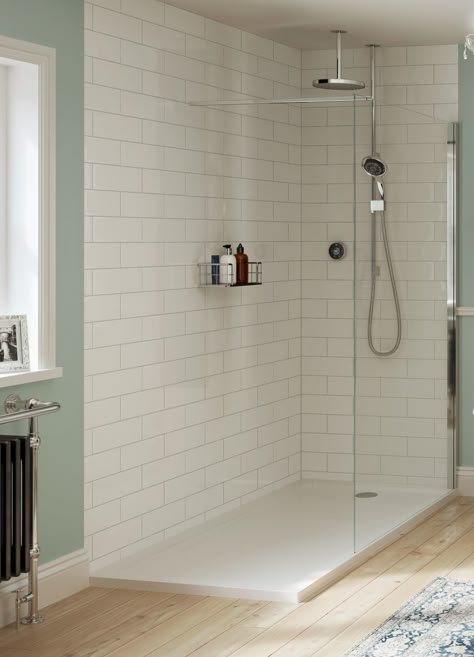 Mira Flight Safe low level anti-slip rectangular shower tray Shower Metro Tiles, Ensuite Shower Tile Ideas, Shower With Tray Floor, Small Shower Room Ideas Green, Small Bathrooms Wetrooms, Shower Tray Ideas Walk In, Shower Trays Bathroom, Rectangular Shower Ideas, Rectangle Shower Ideas