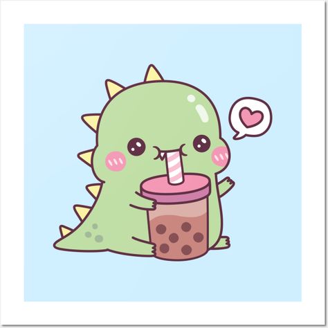 A cute little green dino with yellow spikes is drinking and loving bubble milk tea with lots of chewy boba pearls! Kawaii doodle for anyone those who loves bubble tea! -- Choose from our vast selection of art prints and posters to match with your desired size to make the perfect print or poster. Pick your favorite: Movies, TV Shows, Art, and so much more! Available in mini, small, medium, large, and extra-large depending on the design. For men, women, and children. Perfect for decoration. Cute Drawings Dinosaur, Boba Tea Cartoon, Boba Painting, Cute Dragon Art, Boba Tea Art, Cute Dinosaur Drawing, Bear Drink, Kawaii Doodle, Funny Illustrations