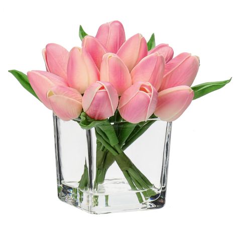 Vase For Dining Table, Artificial Flower Arrangements Centerpieces, Peach Tulips, Tulpen Arrangements, Fake Tulips, Table Centerpiece Wedding, Square Glass Vase, Round Glass Vase, Small Flower Arrangements