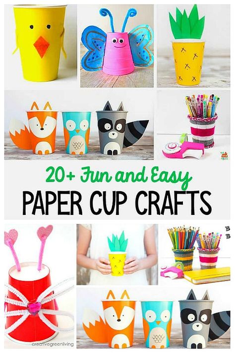 20 Fun and Easy Paper Cup Crafts for Kids- Turn paper or plastic cups into woodland animals, butterflies, yarn pencil cup, or even a cute baby chick! Children will love these simple craft projects. #buggyandbuddy #craftsforkids #kidscrafts #cupcrafts #papercupcrafts Paper Cup Crafts For Kids, Easy Craft With Paper, Cup Crafts For Kids, Recycled Crafts Kids Projects, Plastic Cup Crafts, Craft With Paper, Craft Ideas With Paper, Paper Craft Work, Ideas With Paper