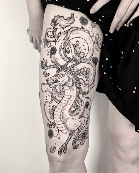 MARET Kohaku Tattoo Dragon, Studio Ghibli Leg Tattoo, Ghibli Sleeve Tattoo, Tatuaje Studio Ghibli, Ghibli Tattoos, Dragons Tattoo, Sanskrit Tattoo, Sparrow Tattoo, Lady Bug Tattoo