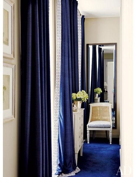 Blue and White Decor Ideas Textured Interiors, Royal Blue Curtains, Curtain Border, Dark Blue Curtains, Navy Curtains, Bedroom Sanctuary, Fav Color, Blue Curtains, Custom Drapes