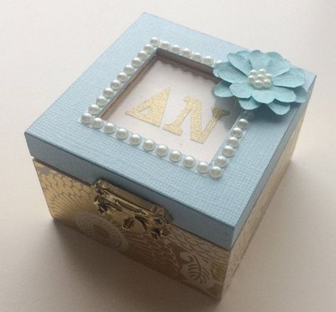 Blue Blossoms: Engagement Initialed Ring Personalized Sorority pin box, Handmade, Choose any Sororit Initiation Basket, Sorority Gifts Diy, Sorority Pin Box, Theta Crafts, Big Lil Gifts, Big/little Baskets, Little Gifts Sorority, Handmade Wooden Jewelry, Sorority Pins